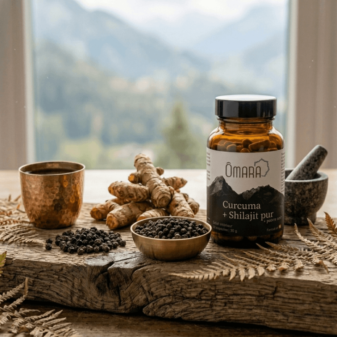 Flacon de capsules de Curcuma + Shilajit pur + poivre noir