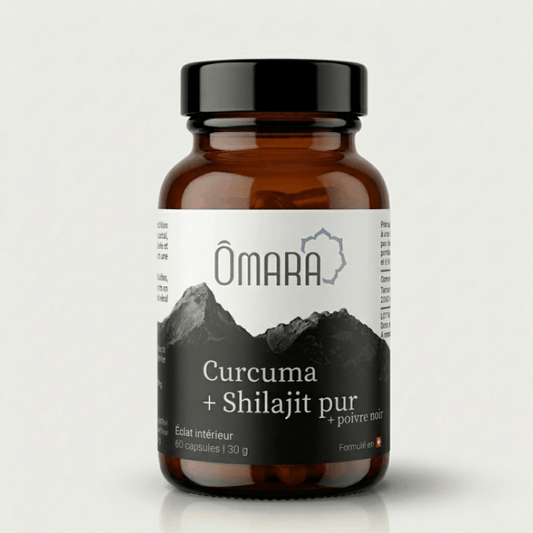 Flacon de capsules de curcuma, poivre noir et shilajit pur 