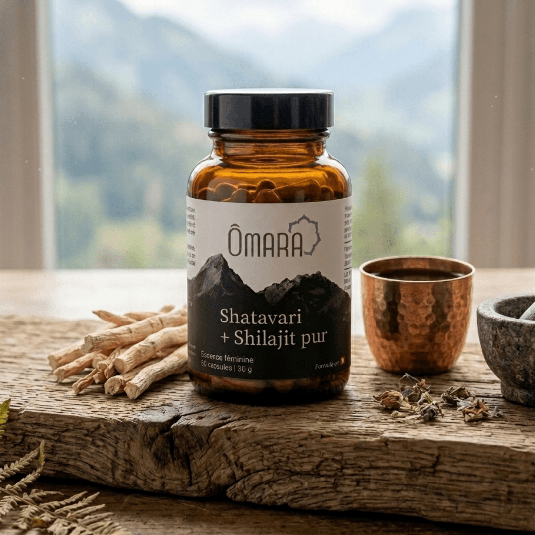 Flacon de capsules Shatavari et Shilajit pur avec racine de shatavari 