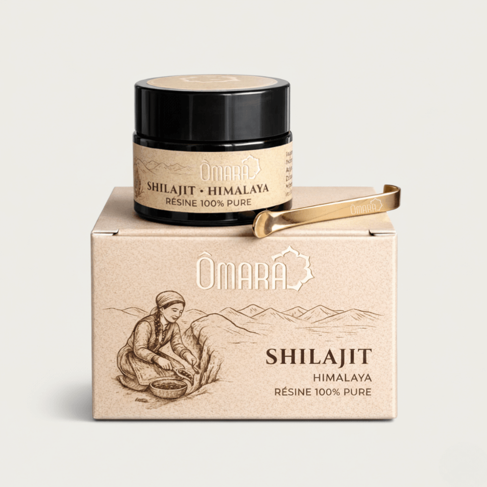 Une photo du packaging et du pot de Shilajit premium Omara vendu en suisse